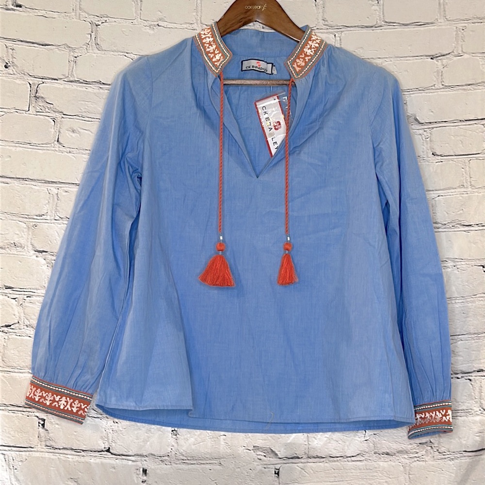 CK Bradley Chambray Orange Embroidered Long Sleeve Tassel Tie Blouse Size Small